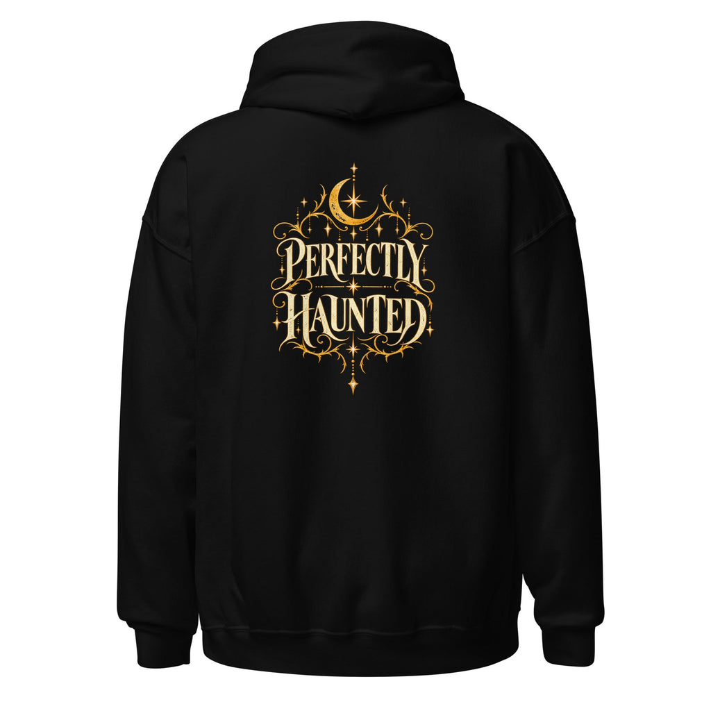 !Mperfection Perfectly Haunted black hoodie back with ornate antique-gold Halloween artwork