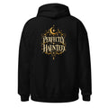 !Mperfection Perfectly Haunted black hoodie back with ornate antique-gold Halloween artwork