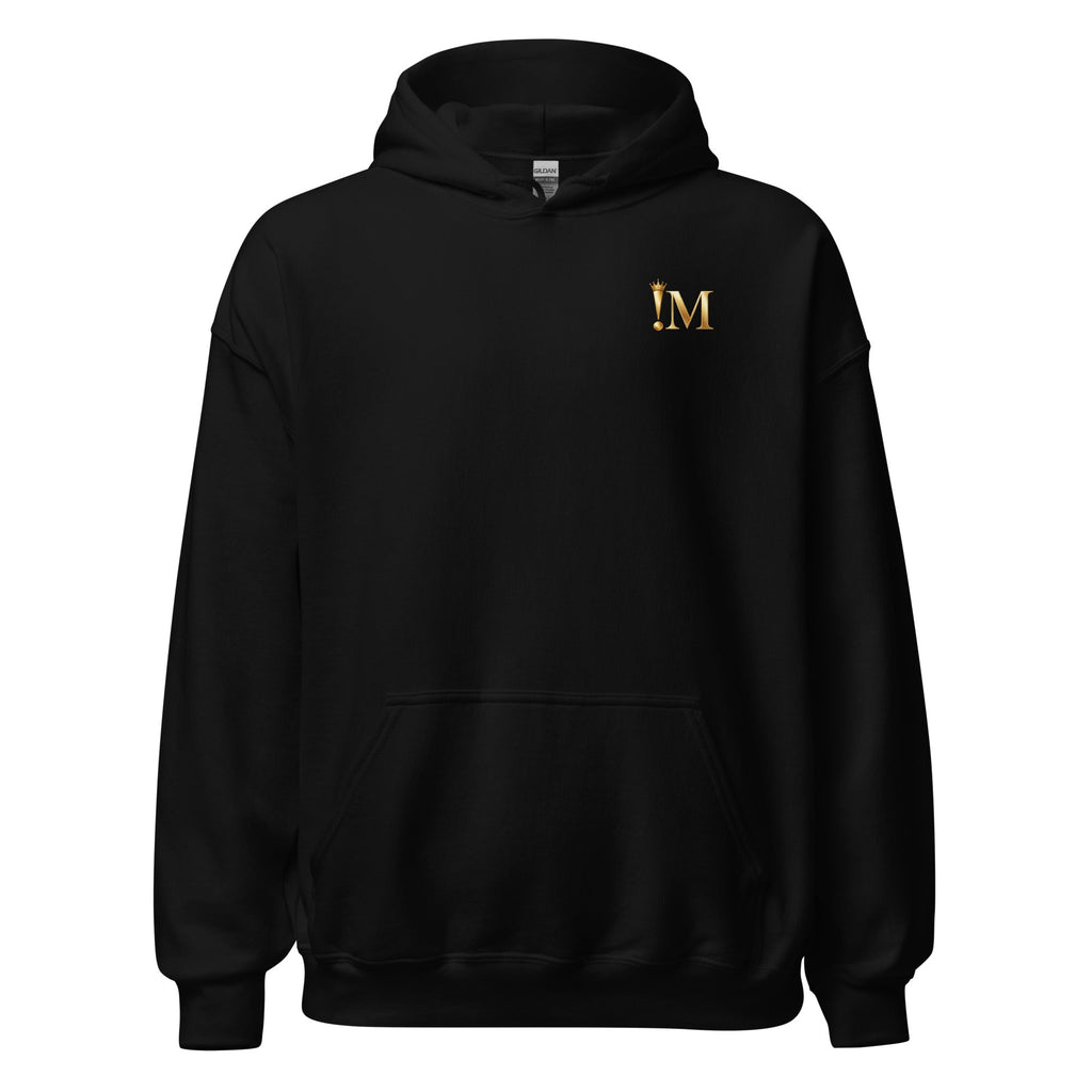 !Mperfection Perfectly Haunted black hoodie front with crowned gold !M chest logo